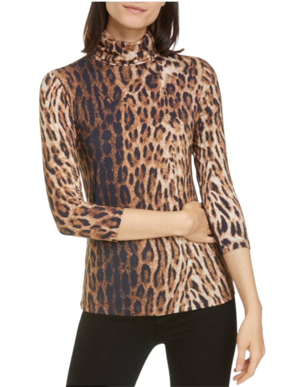 L'Agence Aja Leopard Shirt Top Womens Small Brown Black Turtleneck 3/4 Sleeve
